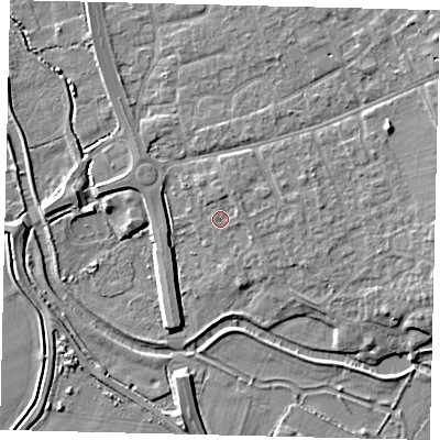 Shaded relief map of the ground around SG191NJ, computed from Environment Agency LiDAR. The ground here sits at about 23 m above sea level and falls 8 m across the surrounding 800 m. Surface water reaching this point runs off ground lying to the east, 2.6 m higher.