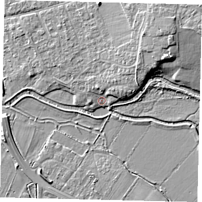 Shaded relief map of the ground around SG191NL, computed from Environment Agency LiDAR. The ground here sits at about 23 m above sea level and falls 11 m across the surrounding 800 m. Surface water reaching this point runs off ground lying to the north-east, 5.1 m higher.