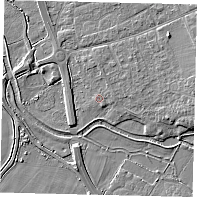 Shaded relief map of the ground around SG191NQ, computed from Environment Agency LiDAR. The ground here sits at about 23 m above sea level and falls 8 m across the surrounding 800 m. Surface water reaching this point runs off ground lying to the east-north-east, 0.8 m higher.