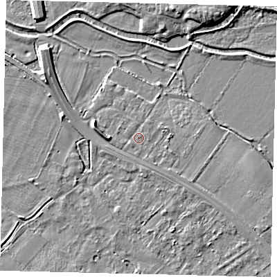 Shaded relief map of the ground around SG191NR, computed from Environment Agency LiDAR. The ground here sits at about 23 m above sea level and falls 7 m across the surrounding 800 m. Surface water reaching this point runs off ground lying to the east-north-east, 1.3 m higher.