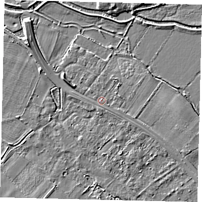 Shaded relief map of the ground around SG191NS, computed from Environment Agency LiDAR. The ground here sits at about 24 m above sea level and falls 4 m across the surrounding 800 m. Surface water reaching this point runs off ground lying to the south-east, 1.4 m higher.
