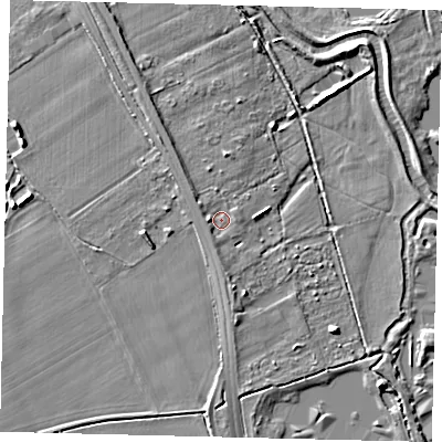 Shaded relief map of the ground around SG191NU, computed from Environment Agency LiDAR. The ground here sits at about 25 m above sea level and falls 6 m across the surrounding 800 m. Surface water reaching this point runs off ground lying to the west, 1.8 m higher.