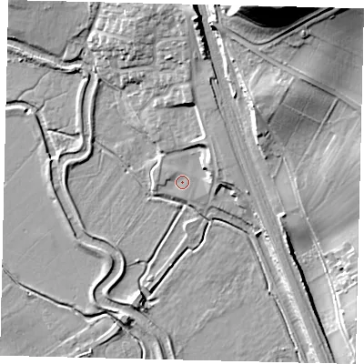Shaded relief map of the ground around SG191NY, computed from Environment Agency LiDAR. The ground here sits at about 24 m above sea level and falls 35 m across the surrounding 800 m. Surface water reaching this point runs off ground lying to the east-north-east, 1.3 m higher.