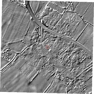 Shaded relief map of the ground around SG191PD, computed from Environment Agency LiDAR. The ground here sits at about 23 m above sea level and falls 4 m across the surrounding 800 m. Surface water reaching this point runs off ground lying to the east-south-east, 2.4 m higher.