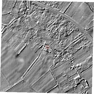 Shaded relief map of the ground around SG191PF, computed from Environment Agency LiDAR. The ground here sits at about 23 m above sea level and falls 6 m across the surrounding 800 m. Surface water reaching this point runs off ground lying to the south-south-west, 3.6 m higher.