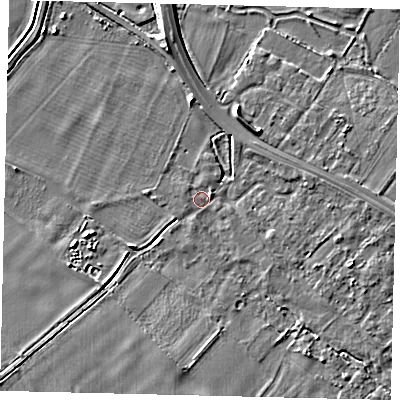 Shaded relief map of the ground around SG191PG, computed from Environment Agency LiDAR. The ground here sits at about 23 m above sea level and falls 4 m across the surrounding 800 m. Surface water reaching this point runs off ground lying to the south-west, 3.5 m higher.