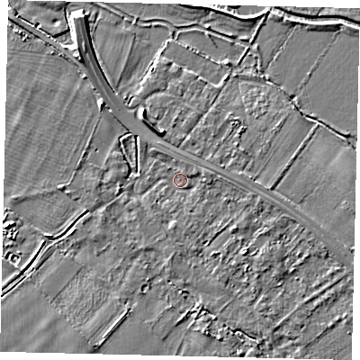 Shaded relief map of the ground around SG191PL, computed from Environment Agency LiDAR. The ground here sits at about 23 m above sea level and falls 4 m across the surrounding 800 m. Surface water reaching this point runs off ground lying to the east, 1.5 m higher.