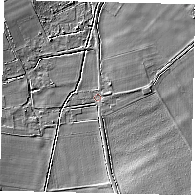 Shaded relief map of the ground around SG191PP, computed from Environment Agency LiDAR. The ground here sits at about 24 m above sea level and falls 7 m across the surrounding 800 m. Surface water reaching this point runs off ground lying to the east-north-east, 1.9 m higher.