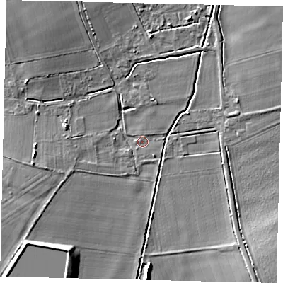 Shaded relief map of the ground around SG191PS, computed from Environment Agency LiDAR. The ground here sits at about 24 m above sea level and falls 7 m across the surrounding 800 m. Surface water reaching this point runs off ground lying to the south-east, 6.6 m higher.