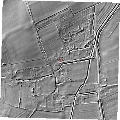 Shaded relief map of the ground around SG191PT, computed from Environment Agency LiDAR. The ground here sits at about 24 m above sea level and falls 7 m across the surrounding 800 m. Surface water reaching this point runs off ground lying to the west-north-west, 5.9 m higher.