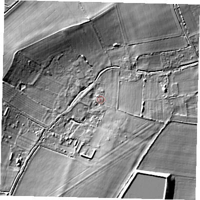 Shaded relief map of the ground around SG191PU, computed from Environment Agency LiDAR. The ground here sits at about 25 m above sea level and falls 8 m across the surrounding 800 m. Surface water reaching this point runs off ground lying to the south-west, 5.9 m higher.