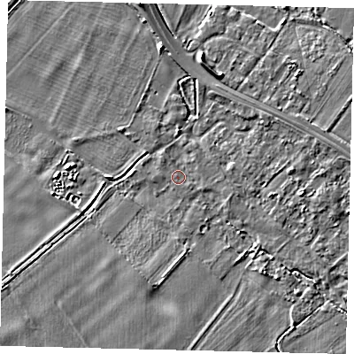 Shaded relief map of the ground around SG191PY, computed from Environment Agency LiDAR. The ground here sits at about 23 m above sea level and falls 4 m across the surrounding 800 m. Surface water reaching this point runs off ground lying to the south, 2.9 m higher.