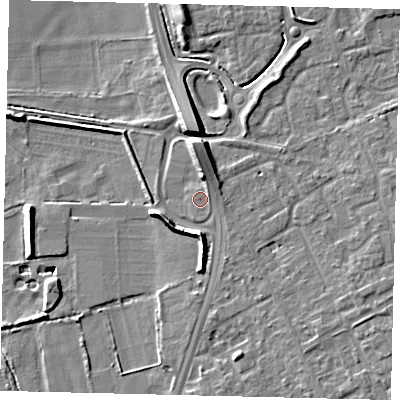 Shaded relief map of the ground around SG191QH, computed from Environment Agency LiDAR. The ground here sits at about 23 m above sea level and falls 11 m across the surrounding 800 m. Surface water reaching this point runs off ground lying to the north, 4.6 m higher.