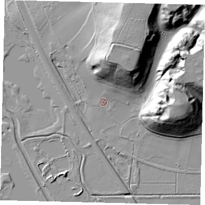 Shaded relief map of the ground around SG192AB, computed from Environment Agency LiDAR. The ground here sits at about 27 m above sea level and falls 41 m across the surrounding 800 m. Surface water reaching this point runs off ground lying to the north-north-east, 19.2 m higher.