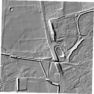 Shaded relief map of the ground around SG192AE, computed from Environment Agency LiDAR. The ground here sits at about 22 m above sea level and falls 9 m across the surrounding 800 m. Surface water reaching this point runs off ground lying to the east, 1.8 m higher.