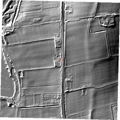 Shaded relief map of the ground around SG192AF, computed from Environment Agency LiDAR. The ground here sits at about 22 m above sea level and falls 16 m across the surrounding 800 m. Surface water reaching this point runs off ground lying to the north, 3.1 m higher.