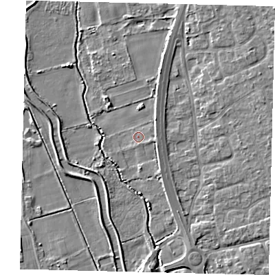 Shaded relief map of the ground around SG192AG, computed from Environment Agency LiDAR. The ground here sits at about 22 m above sea level and falls 6 m across the surrounding 800 m. Surface water reaching this point runs off ground lying to the east, 2.0 m higher.