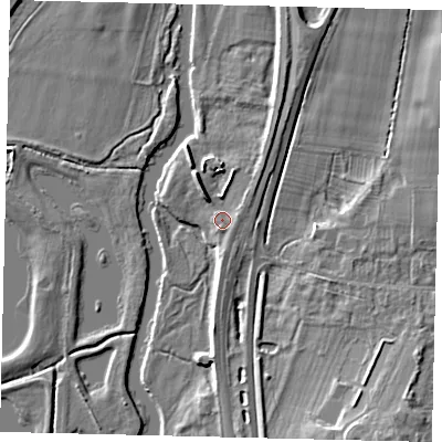 Shaded relief map of the ground around SG192AS, computed from Environment Agency LiDAR. The ground here sits at about 18 m above sea level and falls 10 m across the surrounding 800 m. Surface water reaching this point runs off ground lying to the north-north-east, 2.0 m higher.