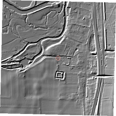 Shaded relief map of the ground around SG192AT, computed from Environment Agency LiDAR. The ground here sits at about 18 m above sea level and falls 17 m across the surrounding 800 m. Surface water reaching this point runs off ground lying to the south-east, 13.2 m higher.