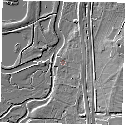 Shaded relief map of the ground around SG192AW, computed from Environment Agency LiDAR. The ground here sits at about 18 m above sea level and falls 15 m across the surrounding 800 m. Surface water reaching this point runs off ground lying to the east-south-east, 2.8 m higher.
