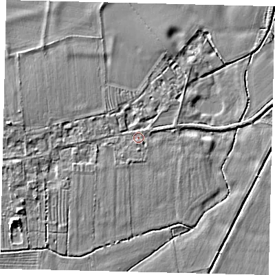 Shaded relief map of the ground around SG192AZ, computed from Environment Agency LiDAR. The ground here sits at about 18 m above sea level and falls 4 m across the surrounding 800 m. Surface water reaching this point runs off ground lying to the north, 1.1 m higher.