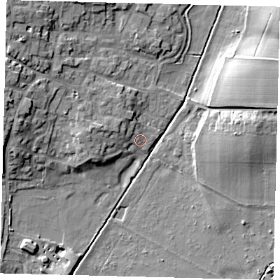Shaded relief map of the ground around SG192BF, computed from Environment Agency LiDAR. The ground here sits at about 36 m above sea level and falls 17 m across the surrounding 800 m. Surface water reaching this point runs off ground lying to the west-north-west, 10.9 m higher.