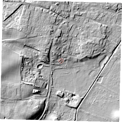 Shaded relief map of the ground around SG192EG, computed from Environment Agency LiDAR. The ground here sits at about 37 m above sea level and falls 19 m across the surrounding 800 m. Surface water reaching this point runs off ground lying to the north-north-west, 5.5 m higher.