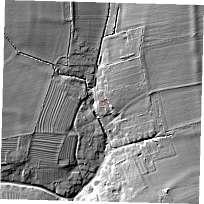 Shaded relief map of the ground around SG192EJ, computed from Environment Agency LiDAR. The ground here sits at about 41 m above sea level and falls 14 m across the surrounding 800 m. Surface water reaching this point runs off ground lying to the north-east, 11.6 m higher.