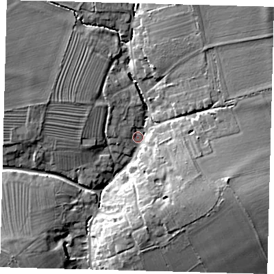 Shaded relief map of the ground around SG192EN, computed from Environment Agency LiDAR. The ground here sits at about 39 m above sea level and falls 12 m across the surrounding 800 m. Surface water reaching this point runs off ground lying to the east-south-east, 10.2 m higher.