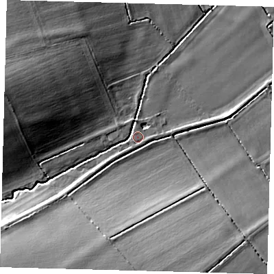 Shaded relief map of the ground around SG192HE, computed from Environment Agency LiDAR. The ground here sits at about 39 m above sea level and falls 12 m across the surrounding 800 m. Surface water reaching this point runs off ground lying to the east-north-east, 5.2 m higher.