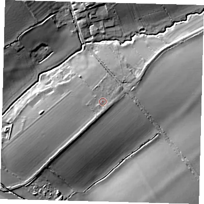 Shaded relief map of the ground around SG192HG, computed from Environment Agency LiDAR. The ground here sits at about 43 m above sea level and falls 15 m across the surrounding 800 m. Surface water reaching this point runs off ground lying to the south-east, 1.4 m higher.