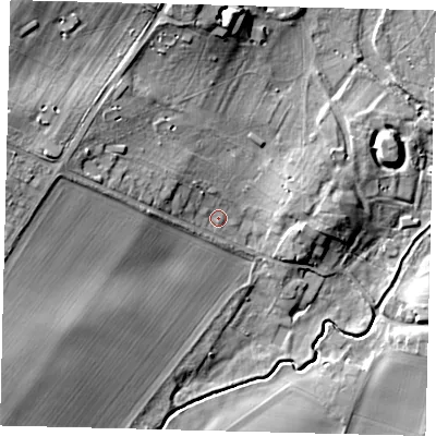Shaded relief map of the ground around SG192NB, computed from Environment Agency LiDAR. The ground here sits at about 37 m above sea level and falls 21 m across the surrounding 800 m. Surface water reaching this point runs off ground lying to the west-north-west, 7.3 m higher.