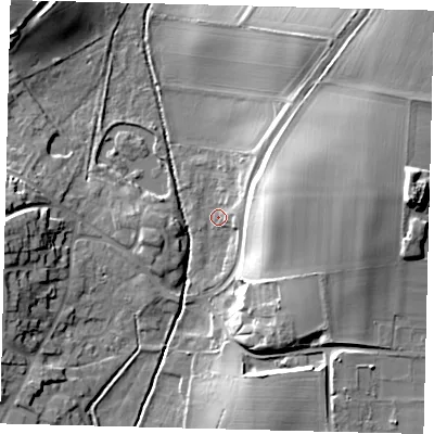 Shaded relief map of the ground around SG192RJ, computed from Environment Agency LiDAR. The ground here sits at about 36 m above sea level and falls 24 m across the surrounding 800 m. Surface water reaching this point runs off ground lying to the east-north-east, 18.3 m higher.