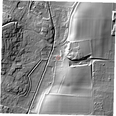 Shaded relief map of the ground around SG192RL, computed from Environment Agency LiDAR. The ground here sits at about 36 m above sea level and falls 25 m across the surrounding 800 m. Surface water reaching this point runs off ground lying to the east-south-east, 11.2 m higher.