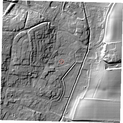 Shaded relief map of the ground around SG192RU, computed from Environment Agency LiDAR. The ground here sits at about 36 m above sea level and falls 18 m across the surrounding 800 m. Surface water reaching this point runs off ground lying to the west-north-west, 13.7 m higher.