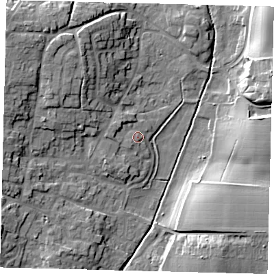 Shaded relief map of the ground around SG192TL, computed from Environment Agency LiDAR. The ground here sits at about 38 m above sea level and falls 17 m across the surrounding 800 m. Surface water reaching this point runs off ground lying to the west-north-west, 3.3 m higher.