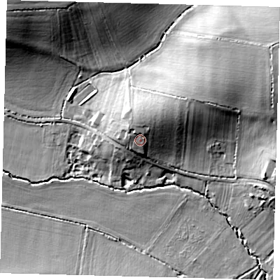 Shaded relief map of the ground around SG193BB, computed from Environment Agency LiDAR. The ground here sits at about 46 m above sea level and falls 22 m across the surrounding 800 m. Surface water reaching this point runs off ground lying to the north-north-east, 4.1 m higher.