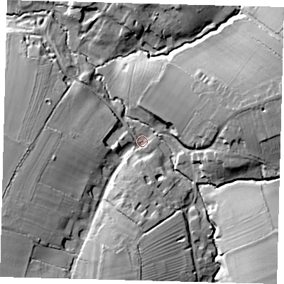 Shaded relief map of the ground around SG193DW, computed from Environment Agency LiDAR. The ground here sits at about 45 m above sea level and falls 24 m across the surrounding 800 m. Surface water reaching this point runs off ground lying to the south-west, 20.3 m higher.