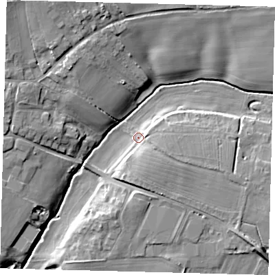 Shaded relief map of the ground around SG193HE, computed from Environment Agency LiDAR. The ground here sits at about 45 m above sea level and falls 12 m across the surrounding 800 m. Surface water reaching this point runs off ground lying to the east-south-east, 6.0 m higher.