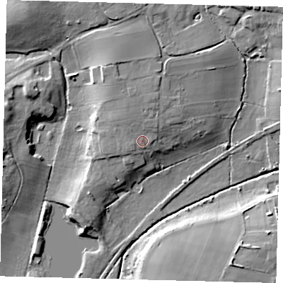 Shaded relief map of the ground around SG193LL, computed from Environment Agency LiDAR. The ground here sits at about 47 m above sea level and falls 15 m across the surrounding 800 m. Surface water reaching this point runs off ground lying to the north, 2.7 m higher.