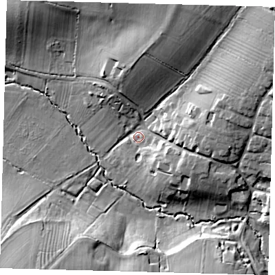 Shaded relief map of the ground around SG193RH, computed from Environment Agency LiDAR. The ground here sits at about 42 m above sea level and falls 23 m across the surrounding 800 m. Surface water reaching this point runs off ground lying to the east-north-east, 19.2 m higher.