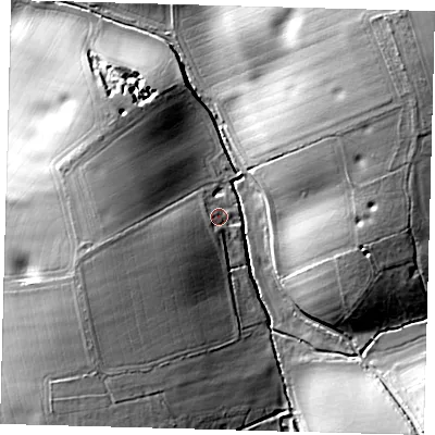 Shaded relief map of the ground around SG27AE, computed from Environment Agency LiDAR. The ground here sits at about 97 m above sea level and falls 30 m across the surrounding 800 m. Surface water reaching this point runs off ground lying to the west-south-west, 15.4 m higher.