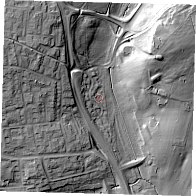 Shaded relief map of the ground around SG27ER, computed from Environment Agency LiDAR. The ground here sits at about 74 m above sea level and falls 28 m across the surrounding 800 m. Surface water reaching this point runs off ground lying to the west, 5.0 m higher.
