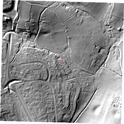 Shaded relief map of the ground around SG27HL, computed from Environment Agency LiDAR. The ground here sits at about 91 m above sea level and falls 25 m across the surrounding 800 m. Surface water reaching this point runs off ground lying to the north-west, 18.9 m higher.