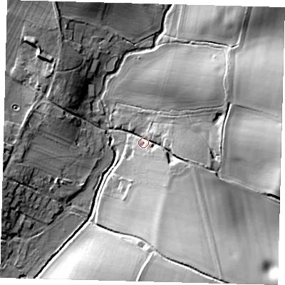 Shaded relief map of the ground around SG27PB, computed from Environment Agency LiDAR. The ground here sits at about 86 m above sea level and falls 32 m across the surrounding 800 m. Surface water reaching this point runs off ground lying to the south-south-east, 23.1 m higher.