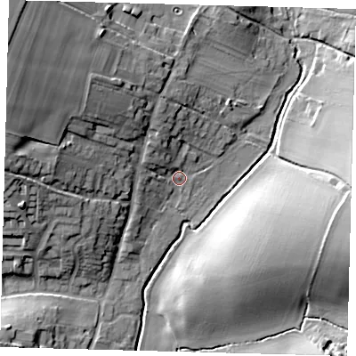 Shaded relief map of the ground around SG27PL, computed from Environment Agency LiDAR. The ground here sits at about 82 m above sea level and falls 25 m across the surrounding 800 m. Surface water reaching this point runs off ground lying to the north-west, 21.7 m higher.
