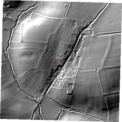 Shaded relief map of the ground around SG27QA, computed from Environment Agency LiDAR. The ground here sits at about 98 m above sea level and falls 27 m across the surrounding 800 m. Surface water reaching this point runs off ground lying to the north-east, 3.8 m higher.