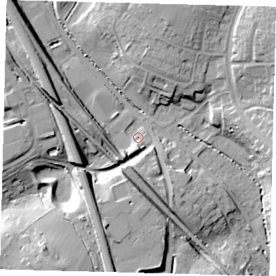 Shaded relief map of the ground around SG28DE, computed from Environment Agency LiDAR. The ground here sits at about 80 m above sea level and falls 21 m across the surrounding 800 m. Surface water reaching this point runs off ground lying to the south-south-west, 14.8 m higher.