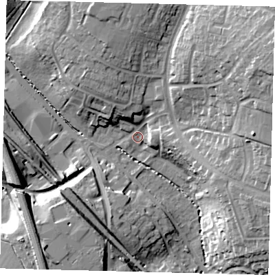 Shaded relief map of the ground around SG28DL, computed from Environment Agency LiDAR. The ground here sits at about 79 m above sea level and falls 24 m across the surrounding 800 m. Surface water reaching this point runs off ground lying to the east-north-east, 20.0 m higher.