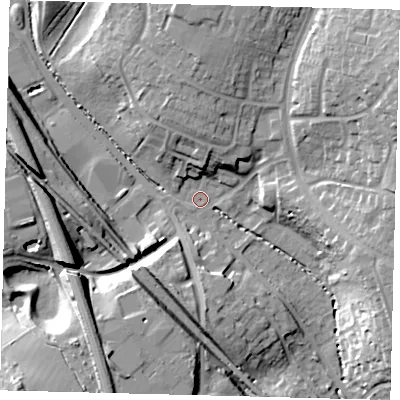 Shaded relief map of the ground around SG28DP, computed from Environment Agency LiDAR. The ground here sits at about 79 m above sea level and falls 21 m across the surrounding 800 m. Surface water reaching this point runs off ground lying to the south-south-west, 16.0 m higher.
